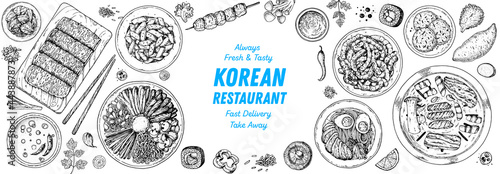 Korean food top view illustration. Hand drawn sketch. Bibimbap, kimchi, kimbap, noodles, skewers. Korean street food, take away menu design. Vector illustration.