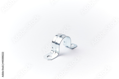 Steel pipe clamp isolated on white used to hold pipelines or tubes