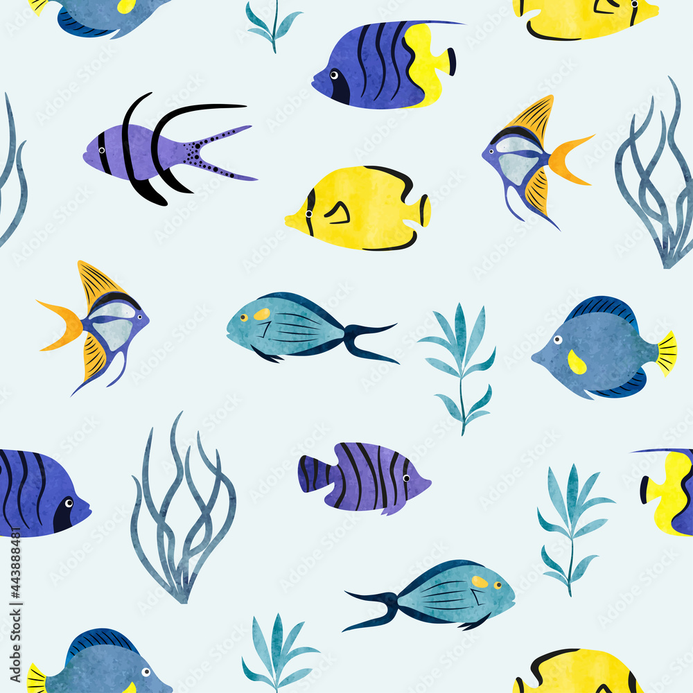 Fototapeta premium Seamless watercolor sea fish pattern. Underwater background. Hand drawn seaweeds and fish 
