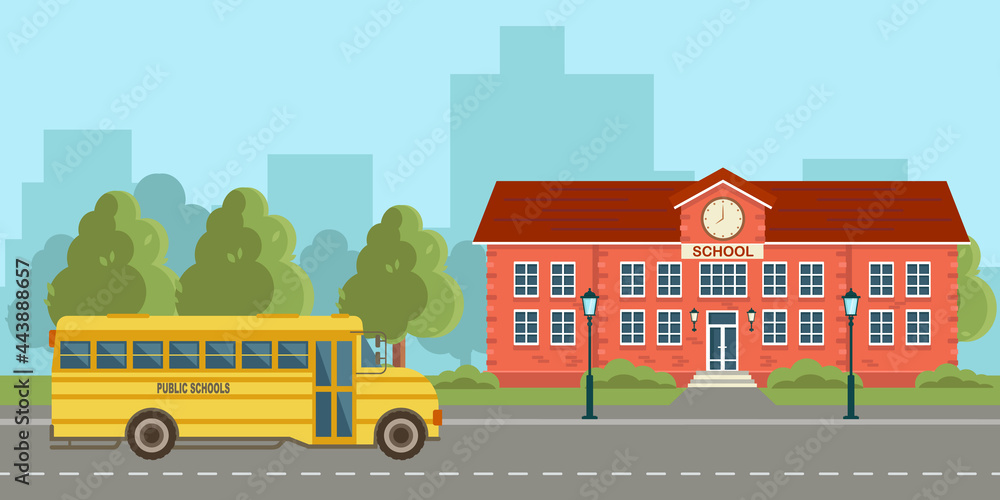 School building and yellow bus with city landscape. Back to school. Flat style vector illustration