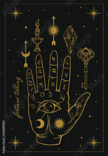 palm with symbols, fortune telling, palmistry, occultism