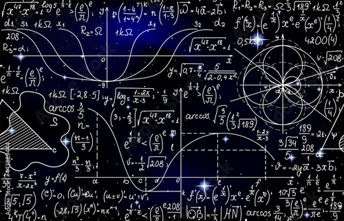 Math vector seamless pattern with formulas  figures and calculations handwritten on starry space background  