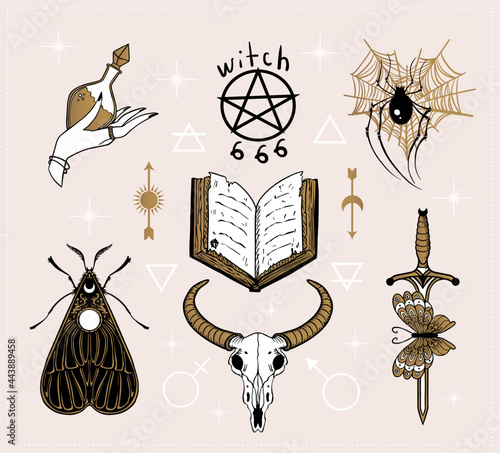 magic witch symbols: moon,spider, sun, 666, spell book, magic potion, sword, bull skull, occult witchcraft