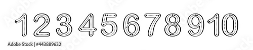 Educational illustration to learn how to count and write from one to ten.  Worksheet for practicing fine motor skills in kindergarten and preschool. Black and white