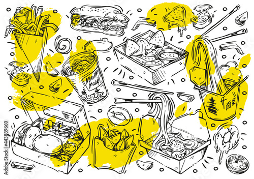 Set of hand drawn food in boxes isolated on white background. Doodle collection of fast food. Vector illustrations: burger, french fries, country style fries, onion rings, nachos, noodles, sandwich