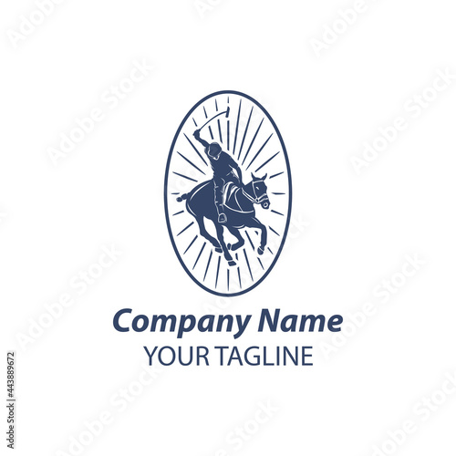 Polo player with rearing up horse and long handled mallet icons for polo club or equestrian sport design.