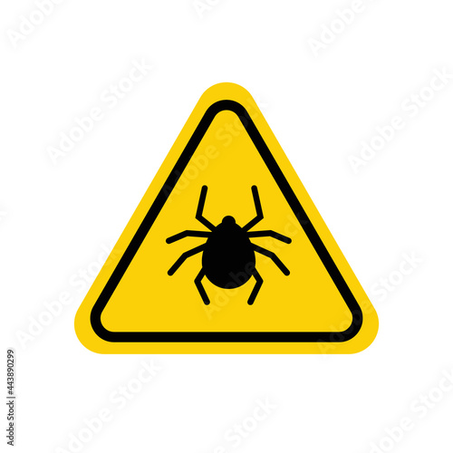 Tick warning sign. Yellow triangle with black mite silhouette in line frame. Vector isolated on white.