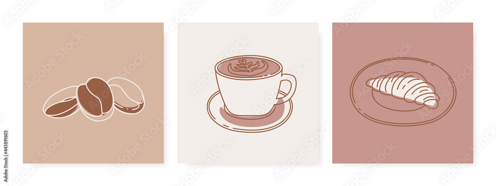Concept breakfast illustration. Coffee and croissant. Vector set of aesthetic line art designs in minimalist style for social media posts.