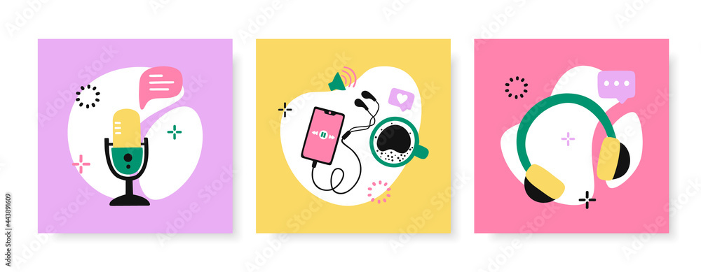 Fototapeta premium Podcast covers collection. Microphone, headphones, smartphone and coffee cup. Vector set of bright designs for social media posts.