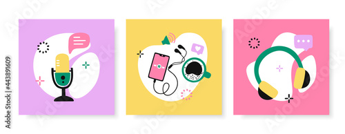 Podcast covers collection. Microphone, headphones, smartphone and coffee cup. Vector set of bright designs for social media posts.