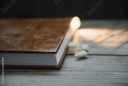 Family photo book with embossing. Photo book on a wooden background. Brown photo book with wood cover. Photoalbum with a hard cover. Wedding photo album.
