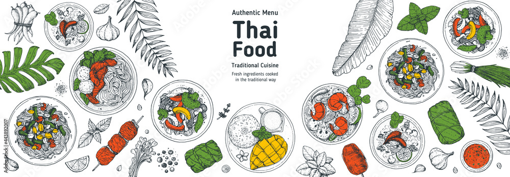 Thai food top view vector illustration. Food menu design template. Hand ...