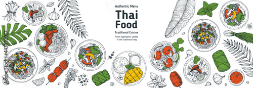 Thai food top view vector illustration. Food menu design template. Hand drawn sketch. Thai food menu. Vintage style. Tom yum, som tam, noodle soup, tom kha gai, mango stiky rice.