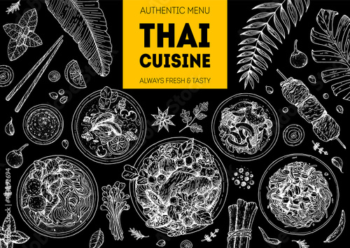 Thai food top view vector illustration. Food menu design template. Hand drawn sketch. Thai food menu. Vintage style. Thai noodle soup, som tam, chicken curry, tom kha gai