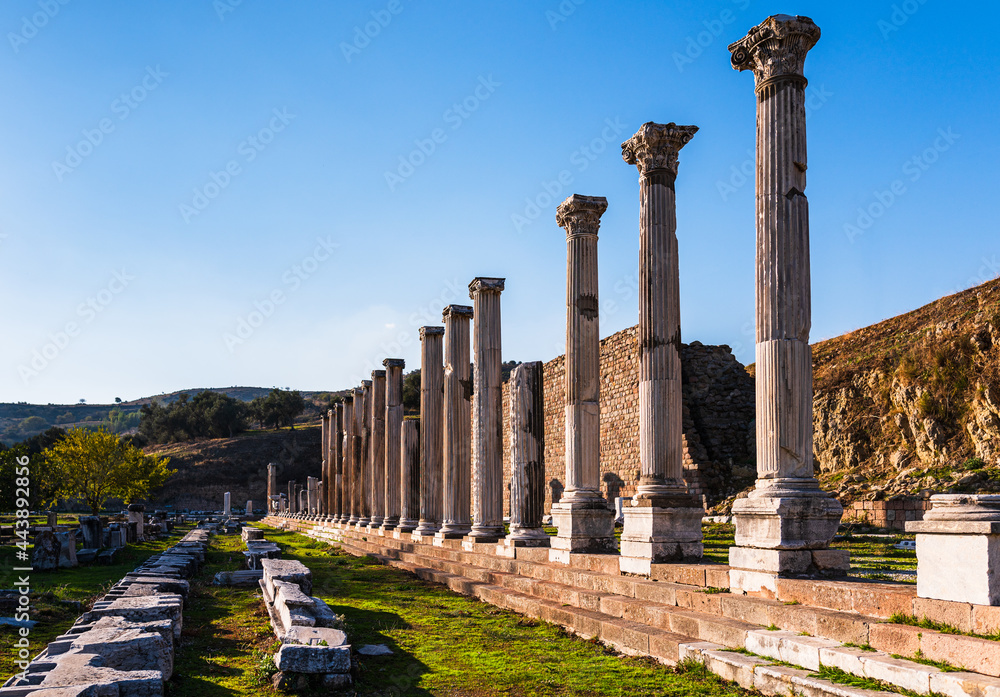 Horizontal frame view of the columns and its surroundings in the city of Asklepion