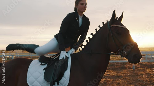 Horsewoman climbing on horseback with the help of its lead rope. A beautiful dark brown horse with mane done in a braid. Woman riding on a horse in the rain. Evening sunset time.