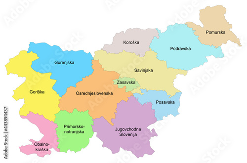 Carte de la Slovénie avec représentation des régions statistiques - Libellés des zones administratives en slovène - Textes vectorisés et non vectorisés sur calques séparés
