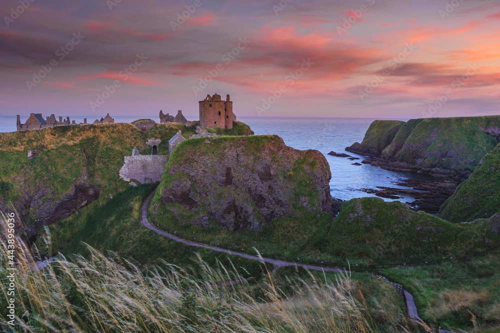 Ruins of Dunottar castle on a cliff, on the north east coast of Scotland, Stonehaven, Aberdeen, United Kingdom
