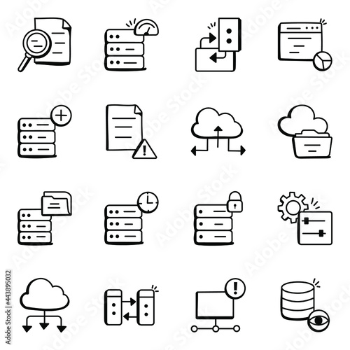 Set of Server Storage and Hosting Doodle Icons


