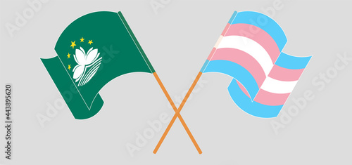 Crossed and waving flags of Macau and Transgender Pride