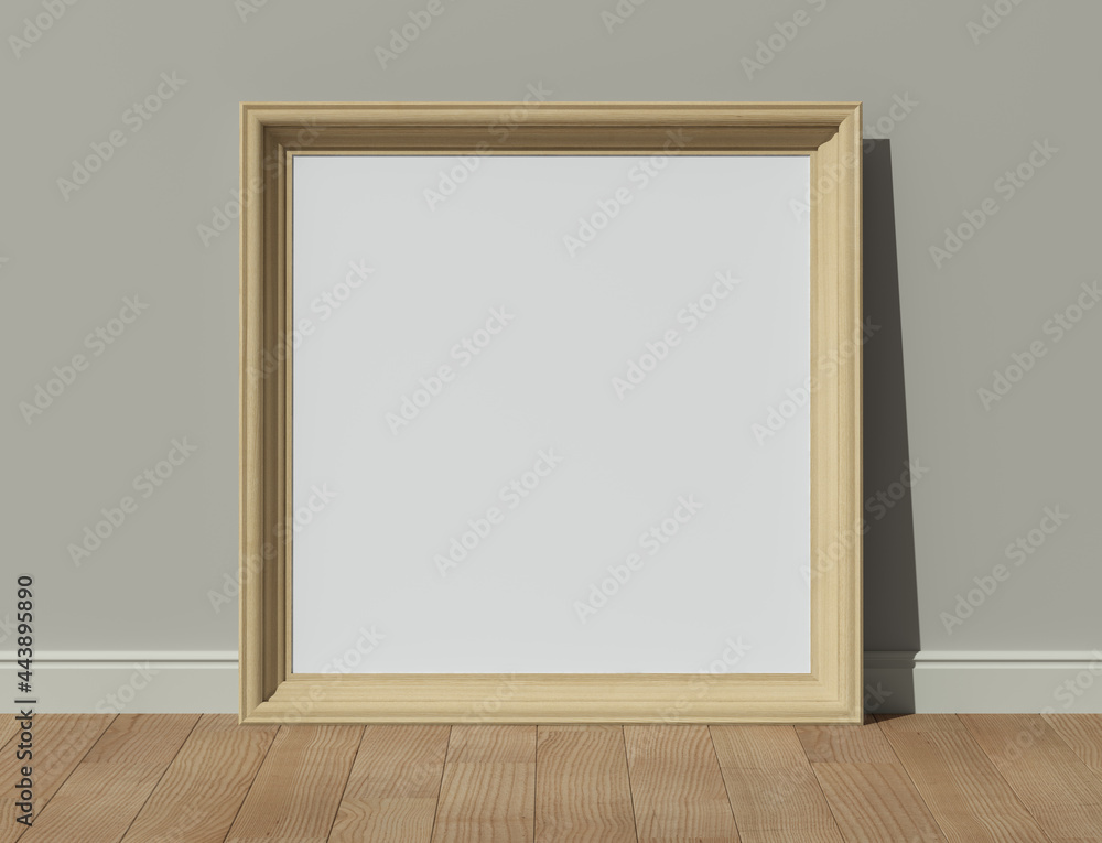 Wooden frame on wooden floor with a painted wall. 3D render square wooden frame mock up. Oak parquet. Empty interior. 3D illustrations. 3D design interior. Template for business. Wooden frame on wooden floor with a painted wall. 3D render square wooden frame mock up. Oak parquet. Empty interior. 3D illustrations. 3D design interior. Template for business.