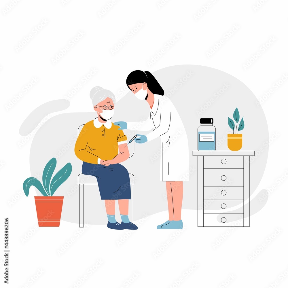 Vaccination of the elderly. Vector modern illustration of a senior woman and a doctor with a syringe. Isolated on abstract background Vaccination of the elderly. Vector modern illustration of a senior woman and a doctor with a syringe. Isolated on abstract background