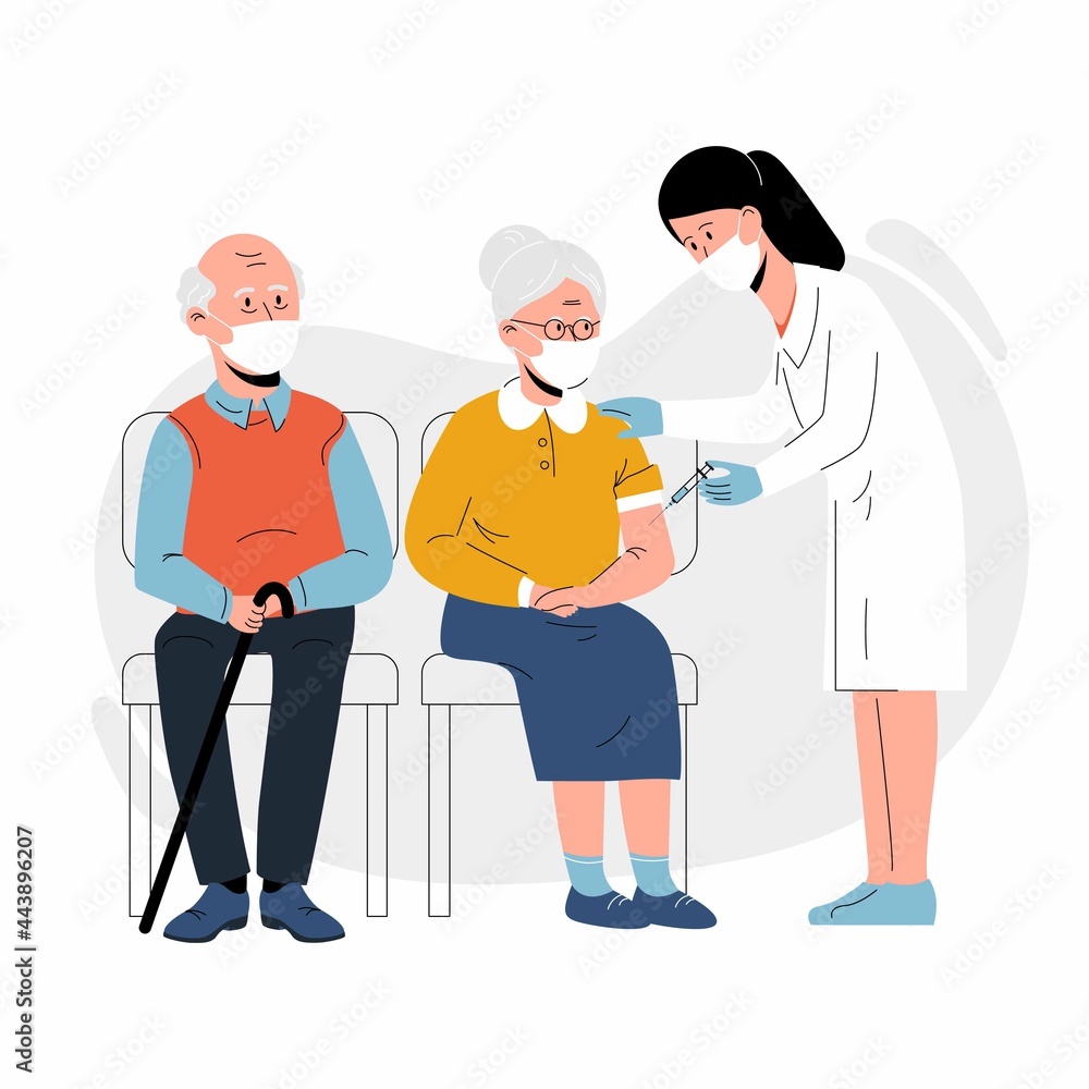 Vaccination of the elderly against coronavirus. Vector illustration of an elderly woman vaccinated by a doctor and a queue of old man waiting. Isolated on background Vaccination of the elderly against coronavirus. Vector illustration of an elderly woman vaccinated by a doctor and a queue of old man waiting. Isolated on background
