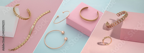 Photo collage of Golden accessories collection on pastel colors pink and blue background