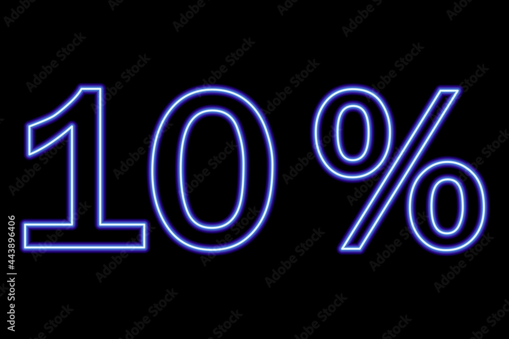 10 percent inscription on a black background. Blue line in neon style. 10 percent inscription on a black background. Blue line in neon style.