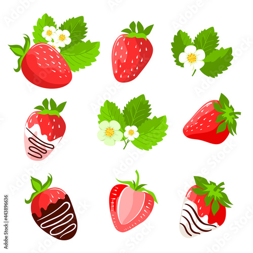 Fototapeta Naklejka Na Ścianę i Meble -  A set of strawberries. Berries, flowers, leaves and strawberries in chocolate. Vector, isolated on a white background.