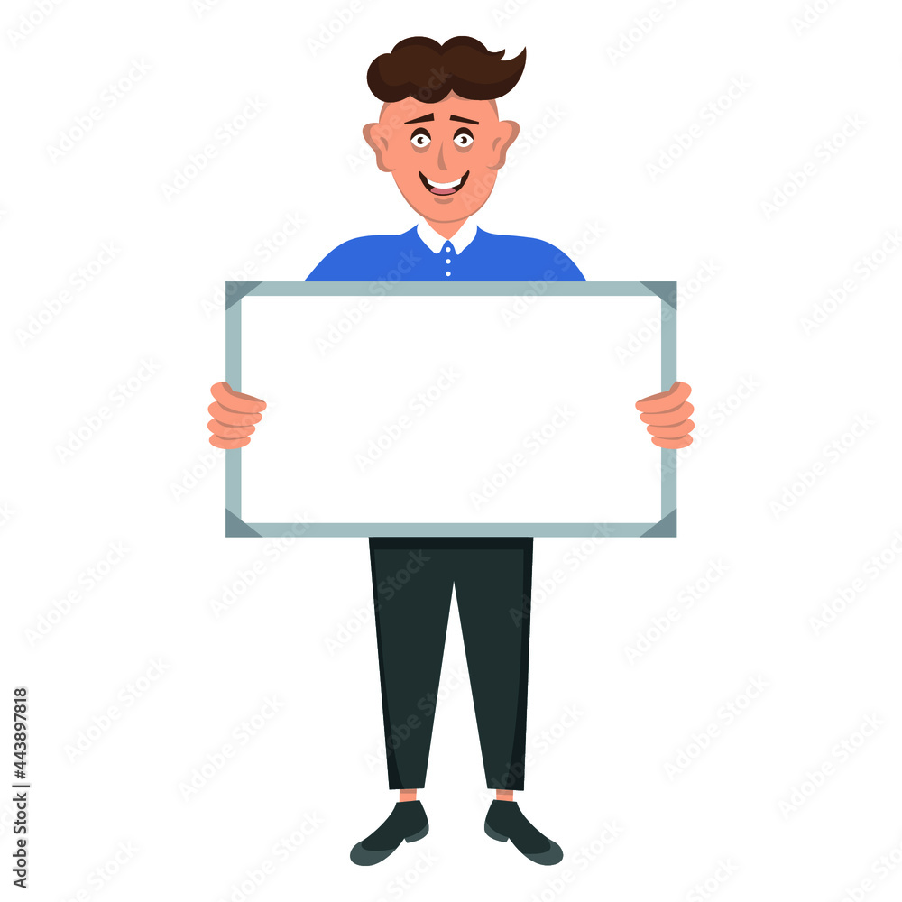 man holding a blank tablet sign. cartoon man man holding a blank tablet sign. cartoon man