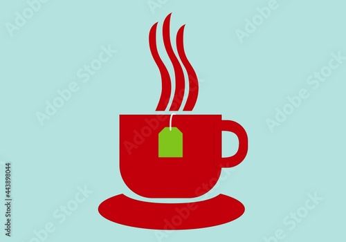 Taza roja de infusión caliente con bolsita de infusión colgando. Bebida caliente. Desayuno