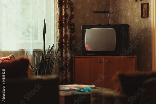 Vintage Black and White Television Set on Dresser in Main Room, Evoking the Nostalgia of Soviet Era photo