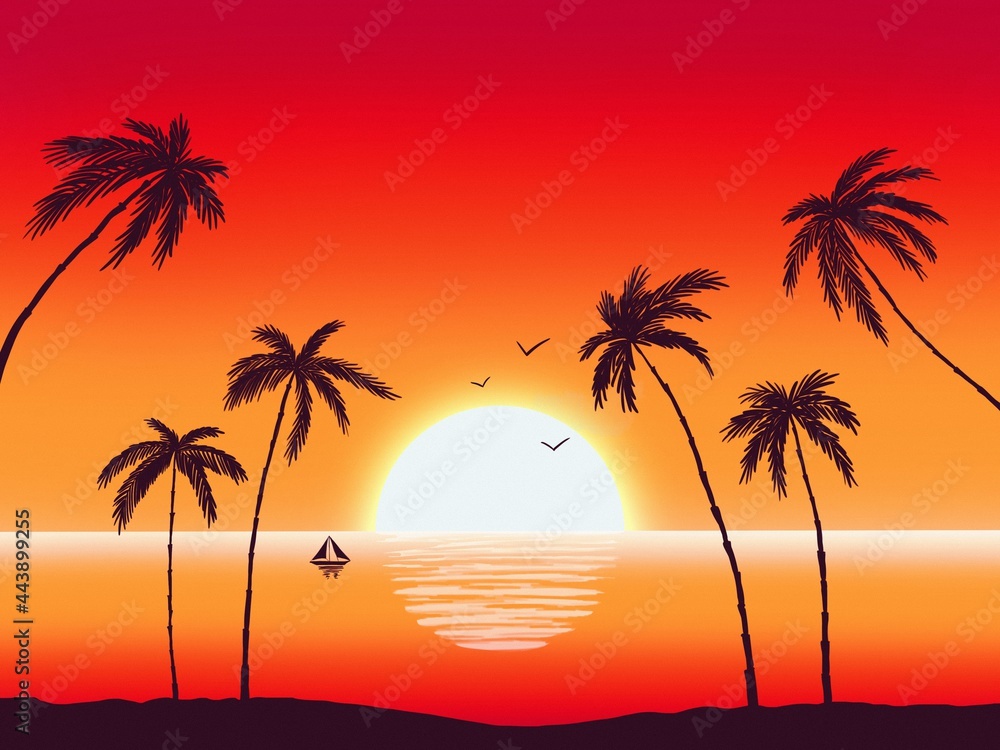 Beautiful sunset on the ocean with palm trees, boat and birds
