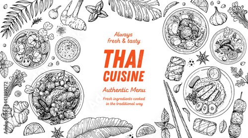 Thai food top view vector illustration. Food menu design template. Hand drawn sketch. Thai food menu. Vintage style.