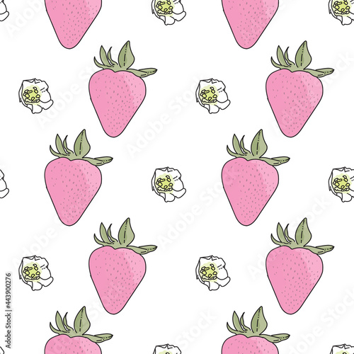 Vector background garden strawberries, berry flowers, berries fruits. Seamless pattern background