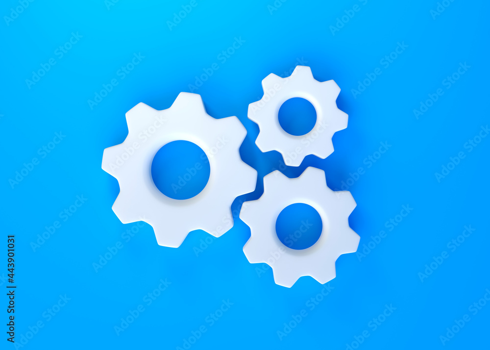 Gears symbol on blue background. Minimal idea concept. 3D rendering, 3D illustration Gears symbol on blue background. Minimal idea concept. 3D rendering, 3D illustration