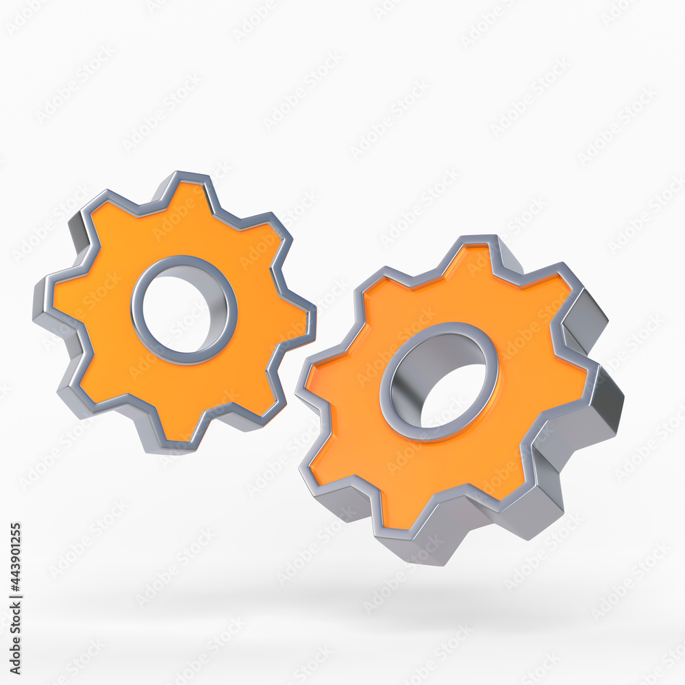 Two orange metal gears isolated on white background. 3D rendering, 3D illustration Two orange metal gears isolated on white background. 3D rendering, 3D illustration