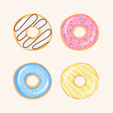 Set of cartoon colorful donuts isolated on white background. Top View Doughnuts collection into glaze for menu design, cafe decoration, delivery box. vector illustration in flat style.