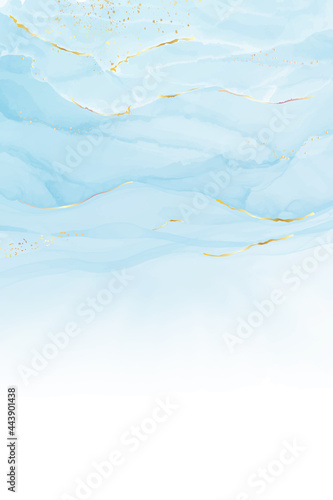 Abstract turquoise and teal blue liquid marbled watercolor background with wave pattern and golden cracks. Cyan alcohol ink marbled drawing effect. Vector illustration design template for invitation