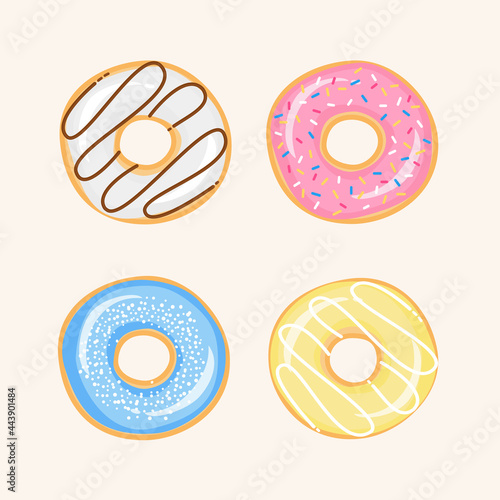 Set of cartoon colorful donuts isolated on white background. Top View Doughnuts collection into glaze for menu design, cafe decoration, delivery box. vector illustration in flat style.