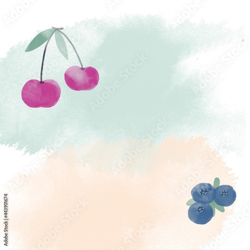 Watercolor digital illustration - cherry berries and blueberries with green leaves on watercolor streaks of green and beige with a copy of the space.