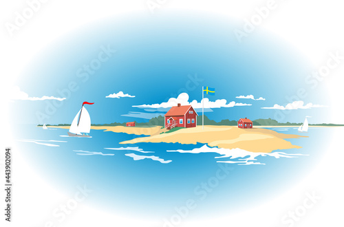 Schweden - Landschaft mit Schären, Booten, Meer und roten Ferienhäusern