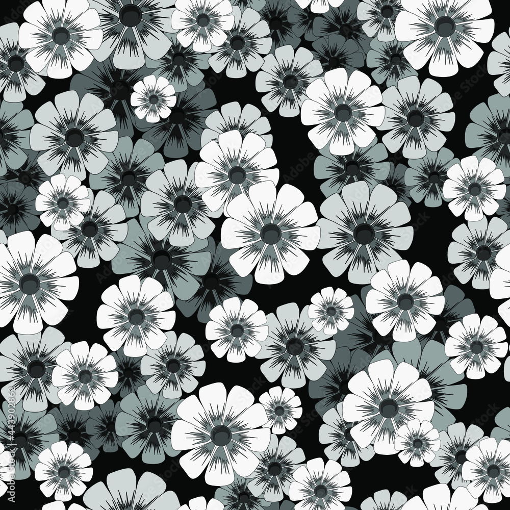 seamless pattern of chamomile flowers in black and white shades for prints on fabrics, clothes, packaging for decorating greeting cards, gifts, frames, postcards, interiors