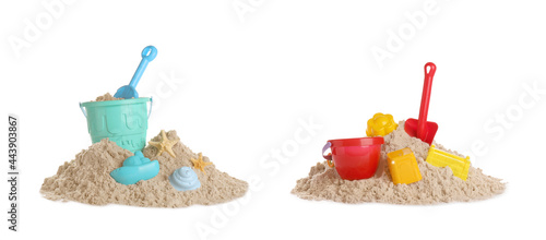 Plastic beach toys on piles of sand against white background, collage. Outdoor play