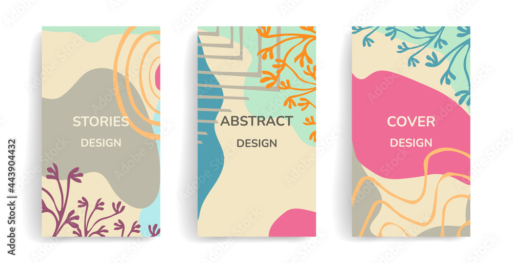 Vector set of abstract backgrounds with copy space for text - summer vibrant banners, posters, cover design templates, social media storytelling wallpapers with leaves and flowers. Stylish color