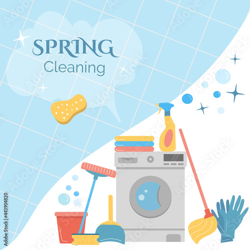 Banner with supplies for spring cleaning on background of blue tile