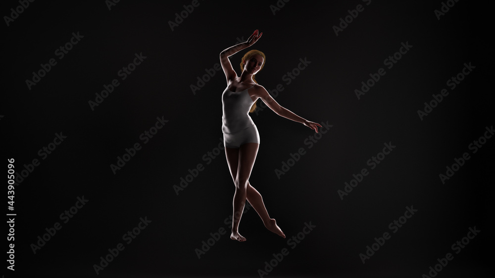 3D illustration of a young female ballet dancer striking a dynamic pose against a dark background with backlighting. 3D illustration of a young female ballet dancer striking a dynamic pose against a dark background with backlighting.
