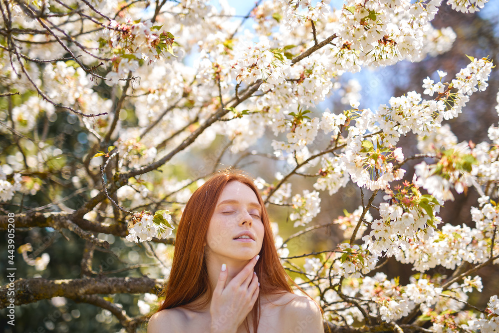 Gorgeous sensual elegant lady with natural red hair touch skin, posing in spring blossom trees. Close up portrait. Copy, empty space for text Gorgeous sensual elegant lady with natural red hair touch skin, posing in spring blossom trees. Close up portrait. Copy, empty space for text