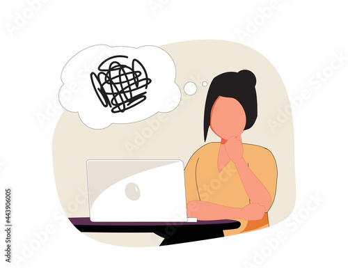 Contemplations, figuring out, untangling, and problem-solving. Cute cartoon girl sitting in front of the laptop.